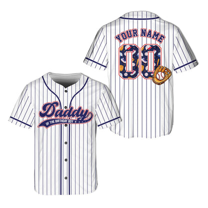 Front view of white family birthday baseball jersey