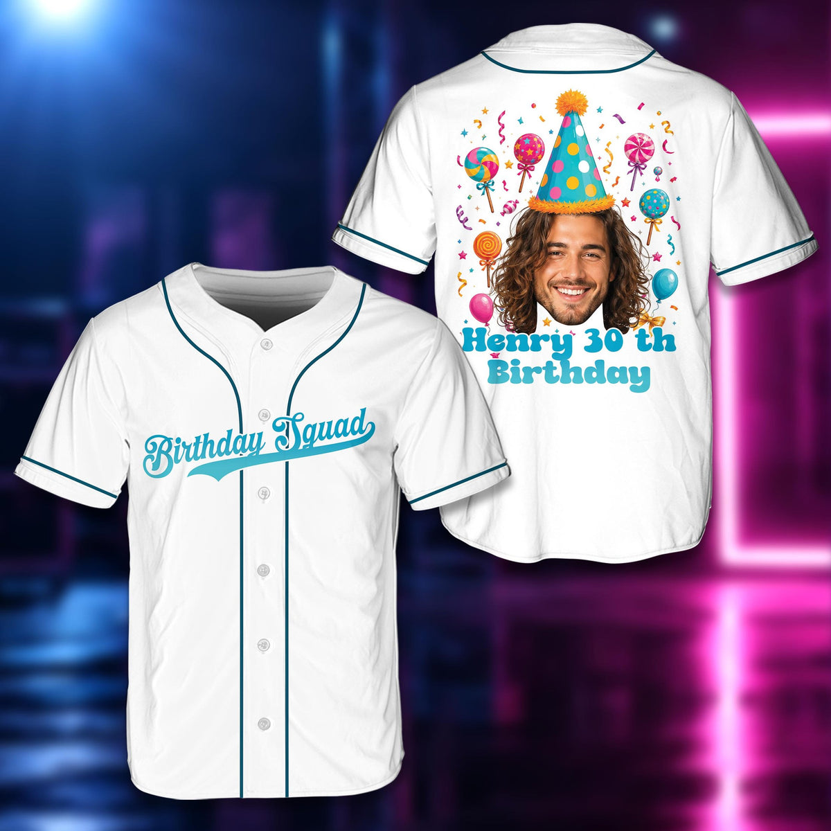 Front view of the white personalized baseball jersey