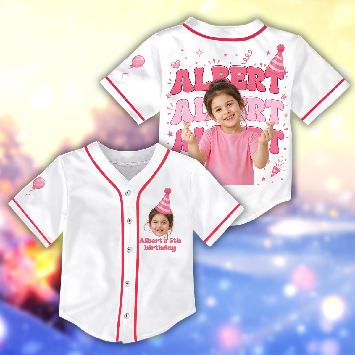 White custom baseball jersey featuring birthday balloons and photo