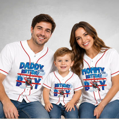 Lifestyle view of family wearing matching birthday baseball jerseys