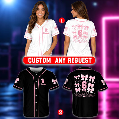 Back view of the personalized white birthday baseball jersey highlighting a large custom number and 'Double Digits' text with pink bows.