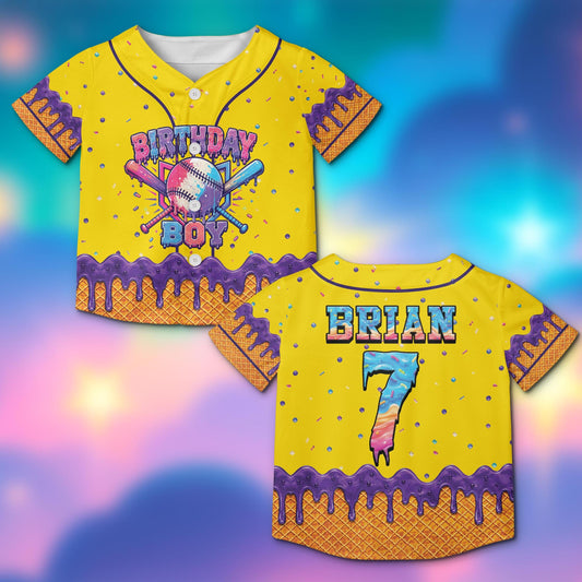 Yellow birthday baseball jersey with melting ice cream design and custom text, front view