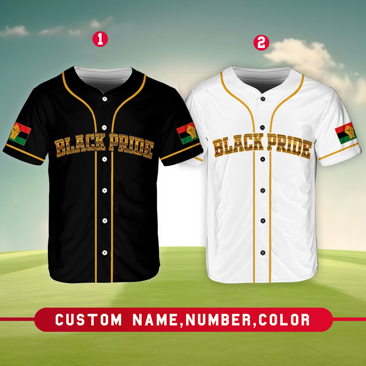 Close up front view highlighting the patterned Black Pride font on the baseball jersey