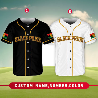 Close up front view highlighting the patterned Black Pride font on the baseball jersey