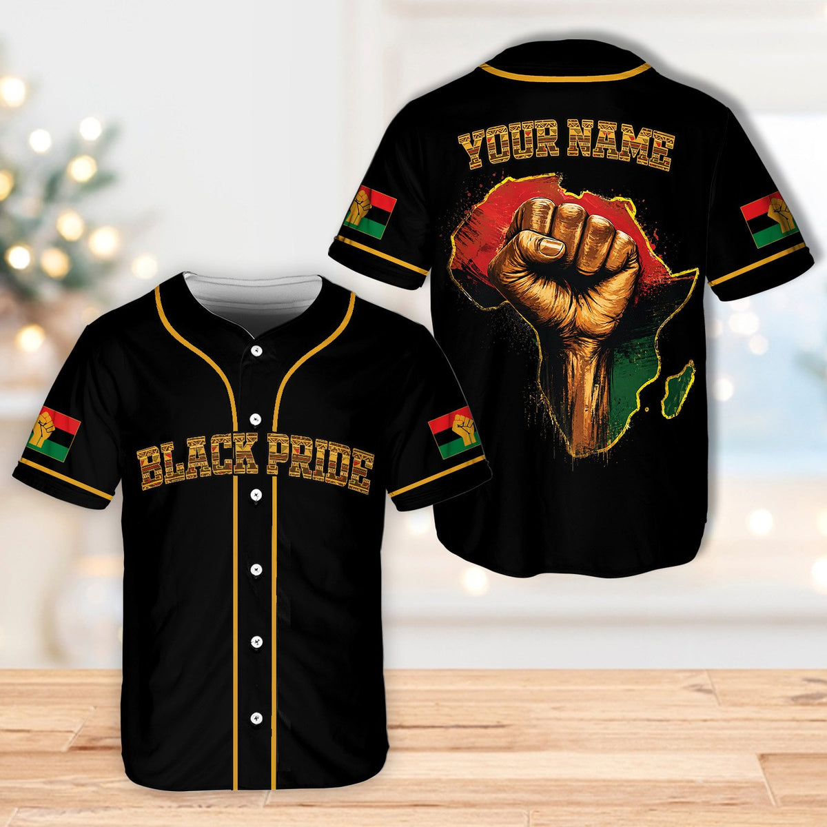 Front angle of the personalized baseball jersey showcasing the sleeve flag design