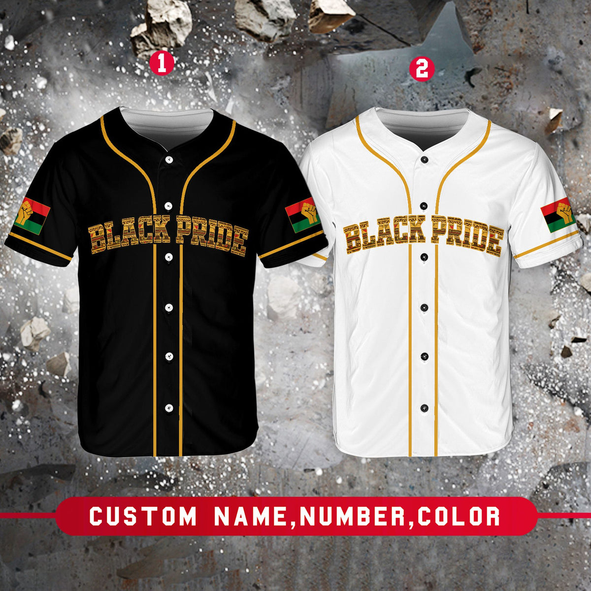 Front view of the personalized black baseball jersey with pan-African color accents