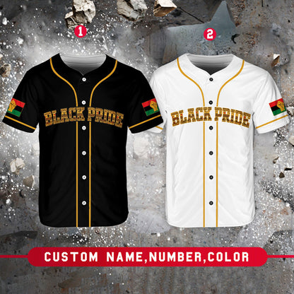 Front view of the personalized black baseball jersey with pan-African color accents