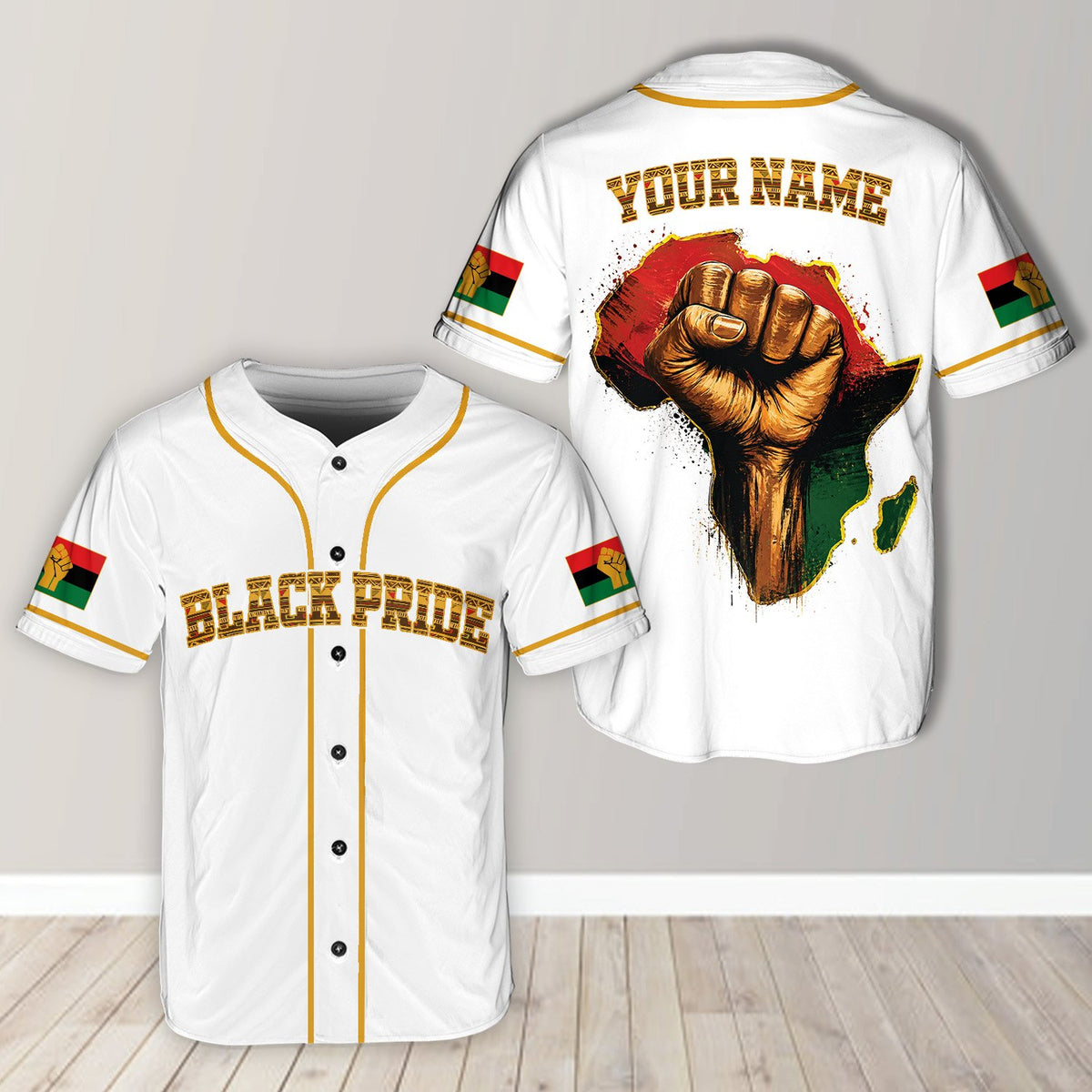 Front view of the personalized white baseball jersey with Black Pride design