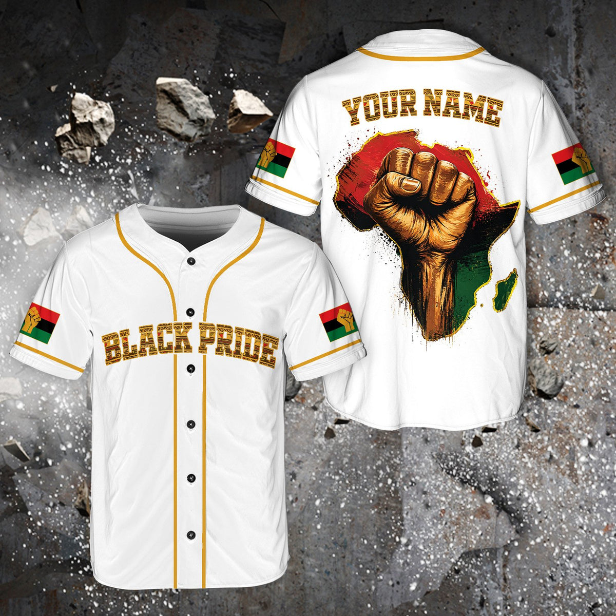Detailed front view of the white custom Black Pride baseball jersey