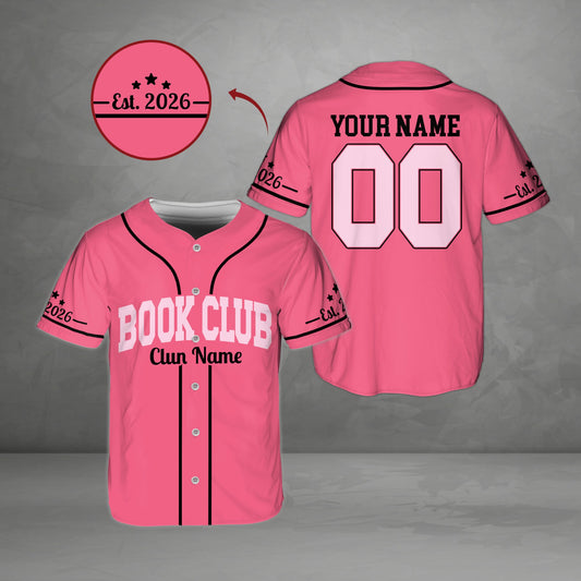 Personalized pink book club baseball jersey with custom name and number, front view