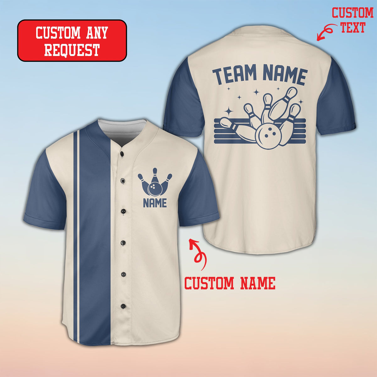 Beige bowling baseball jersey with custom name, front view