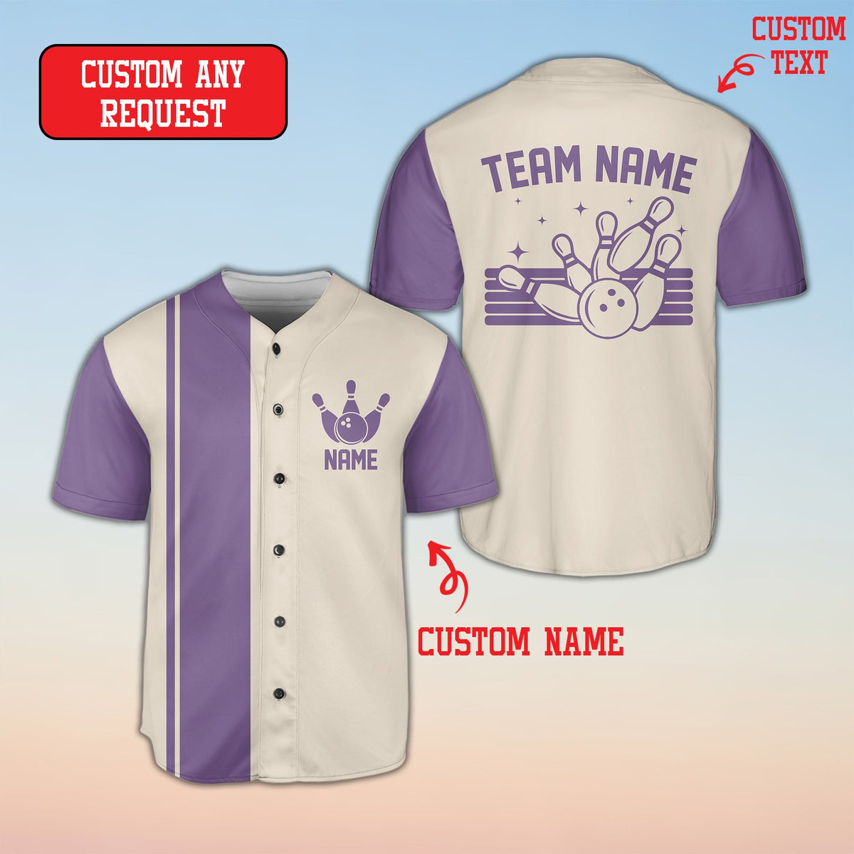 Beige bowling baseball jersey with retro pins crest, front view