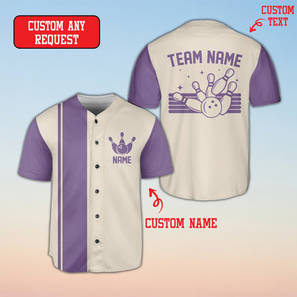Beige bowling baseball jersey with retro pins crest, front view