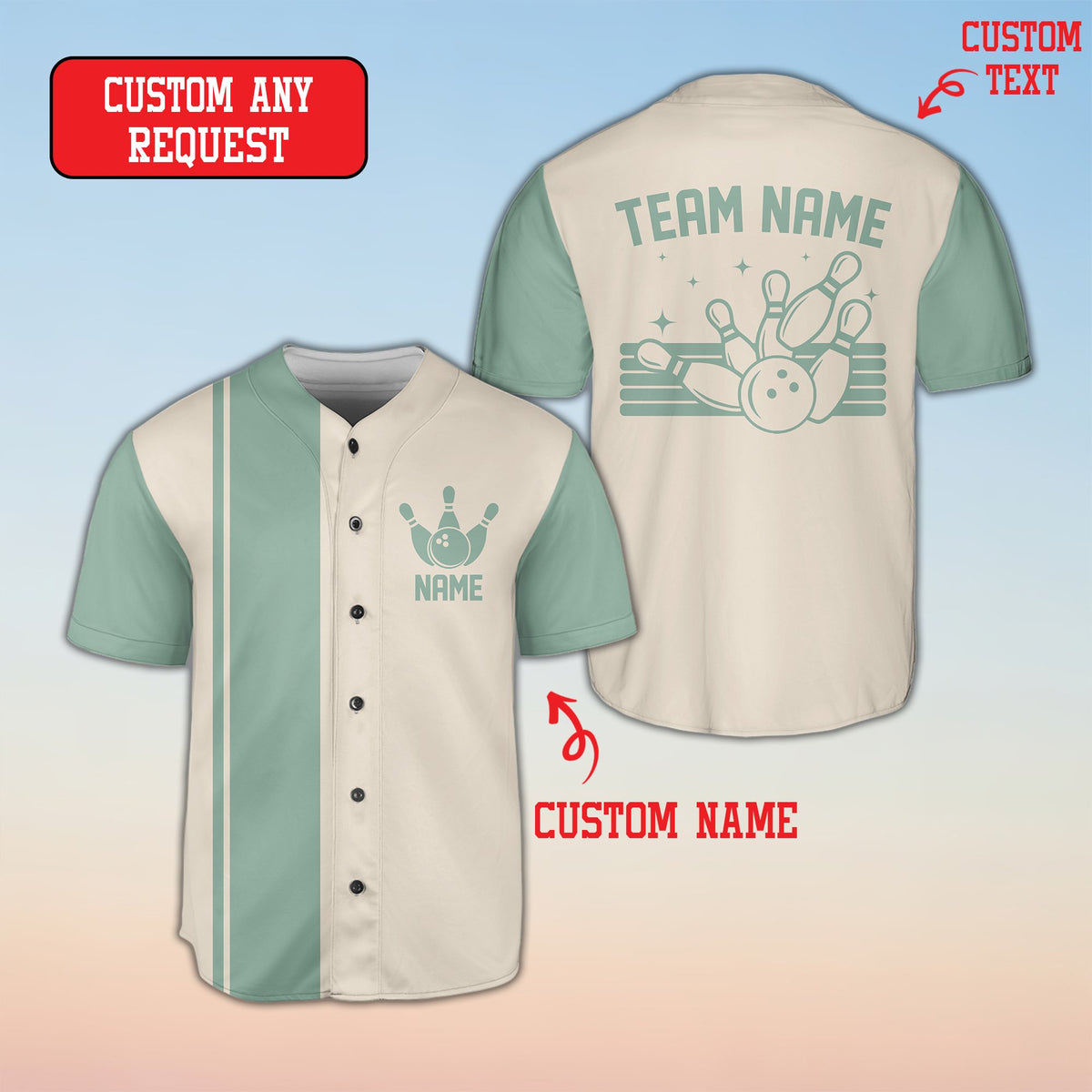 Beige bowling baseball jersey displaying custom team name, back view