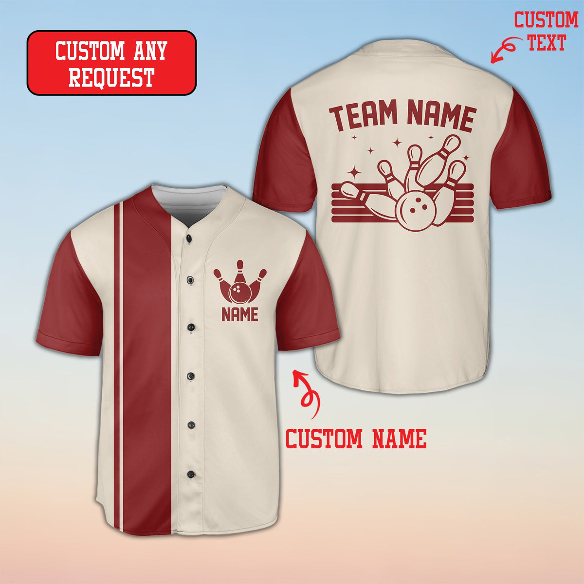 Beige bowling baseball jersey showing strike graphic, back close-up