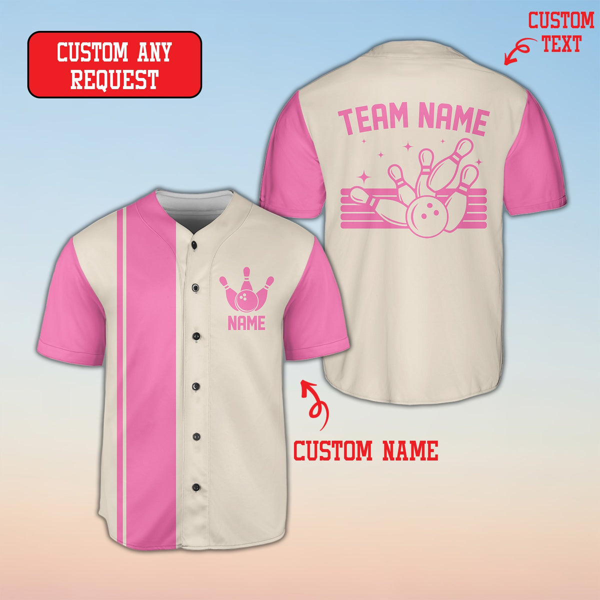 Beige bowling baseball jersey button details, front view