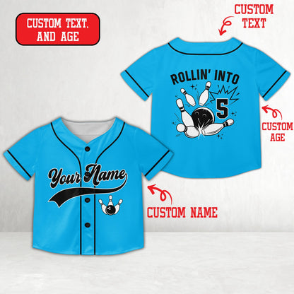 Personalized blue bowling baseball jersey with custom name and number, front view
