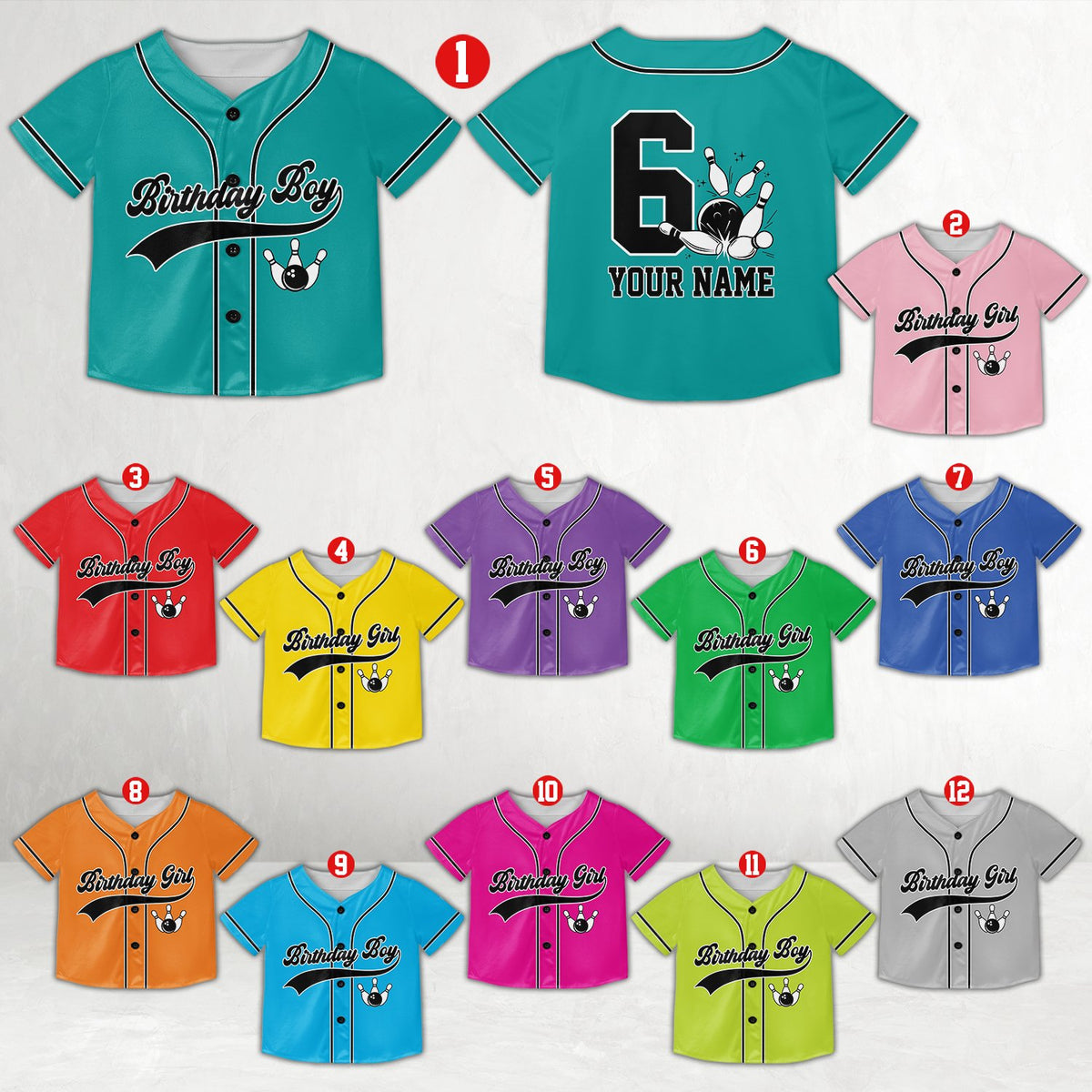 Front view of the custom name and number bowling birthday baseball jersey