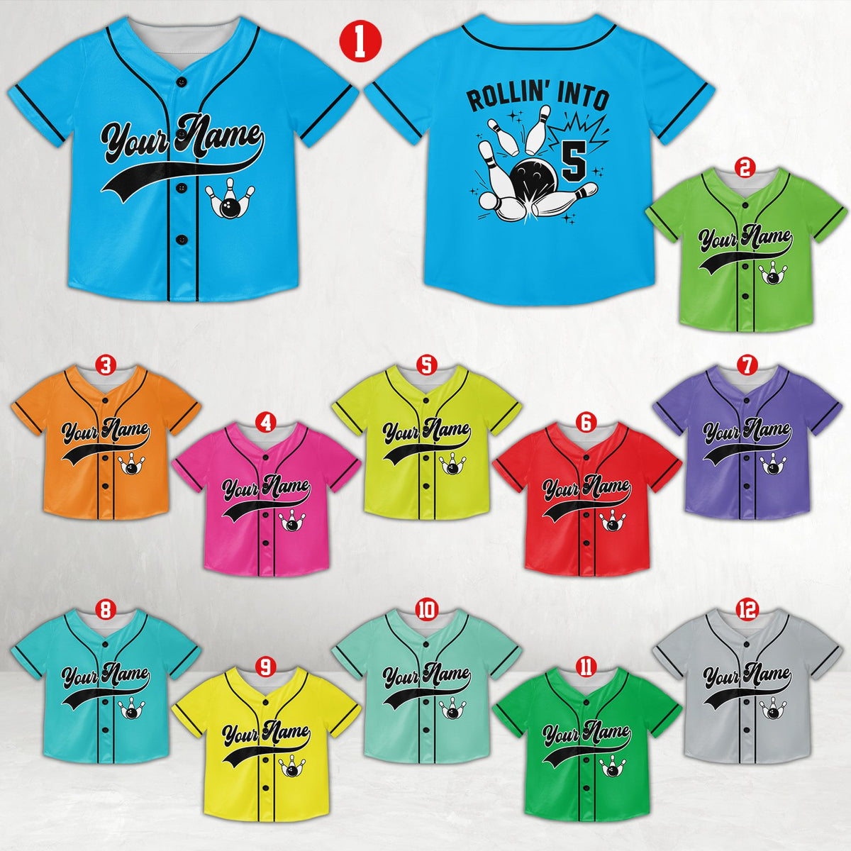 Front view of the custom baseball jersey with bowling pins graphic