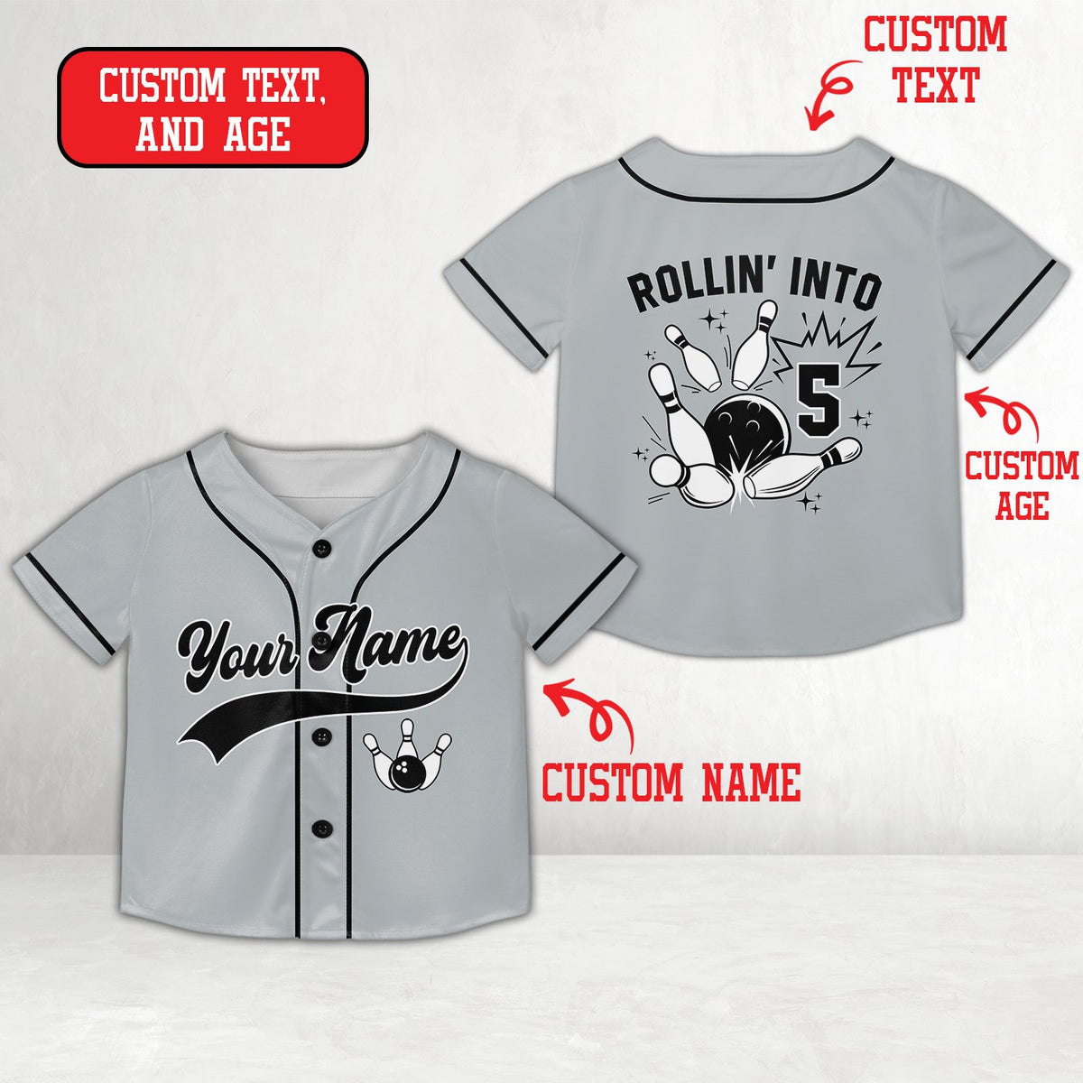 Gray custom baseball jersey featuring bowling graphics, front view