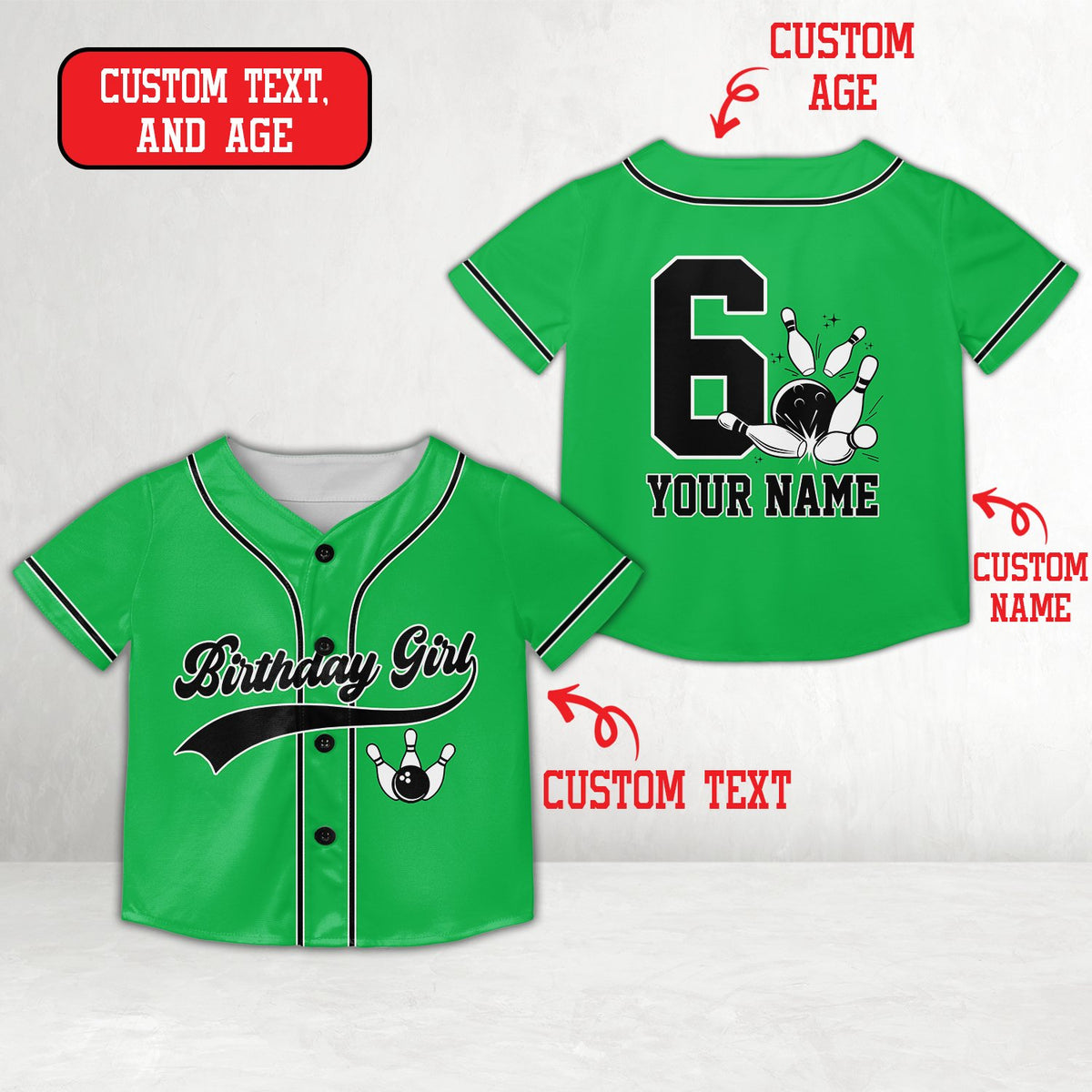 Green personalized bowling birthday baseball jersey with custom name and number