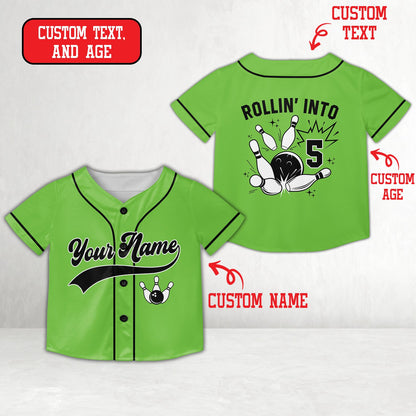 Green custom name baseball jersey with bowling birthday design, front view