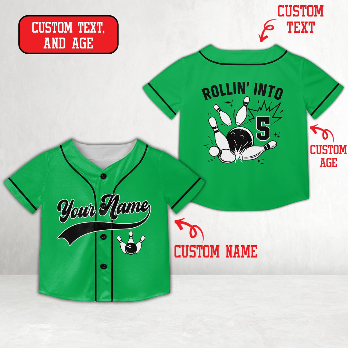 Green variation of the custom bowling birthday jersey, front view
