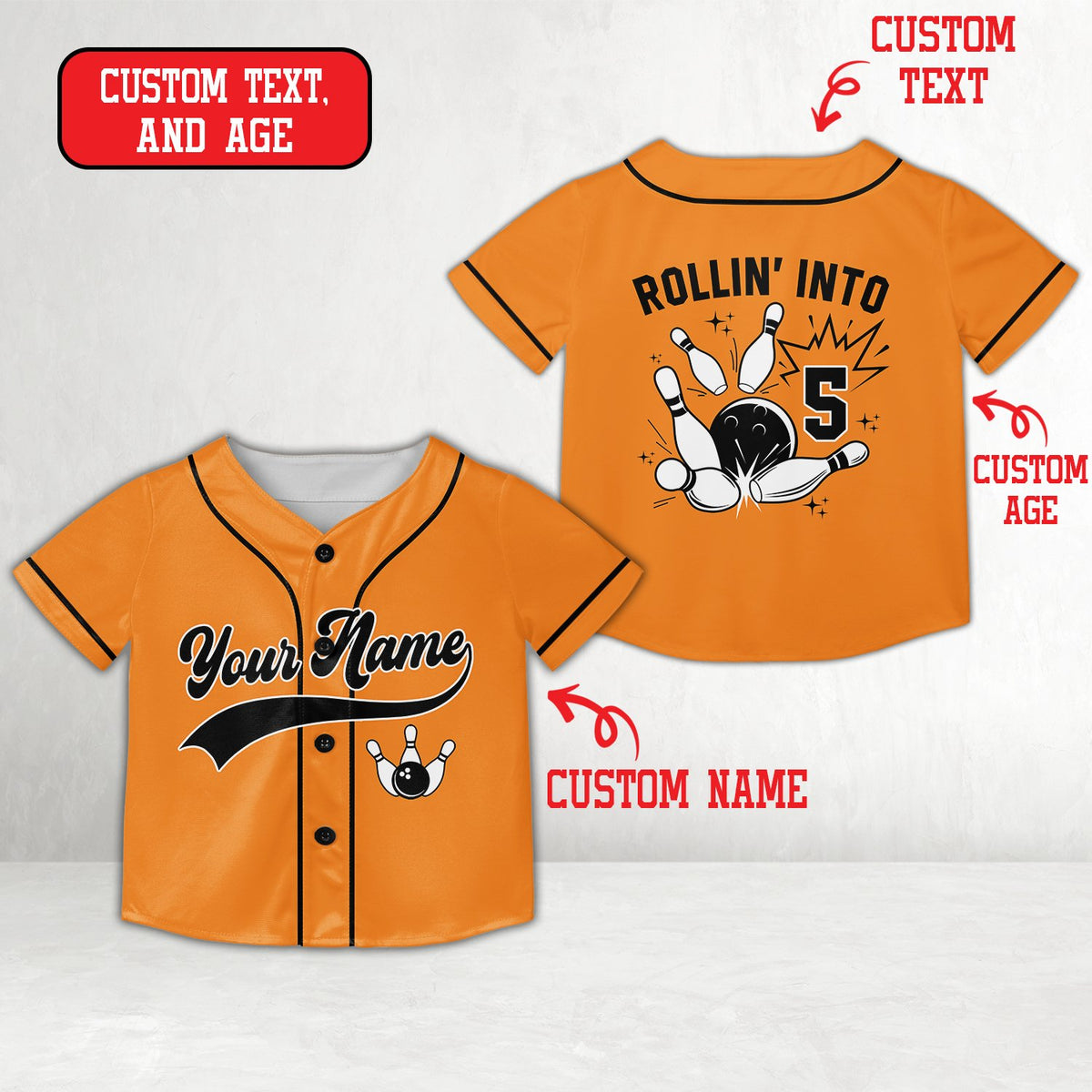 Orange personalized baseball jersey with bowling theme, front view