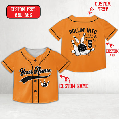 Orange personalized baseball jersey with bowling theme, front view