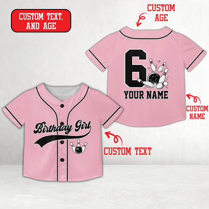 Pink custom baseball jersey featuring bowling birthday design