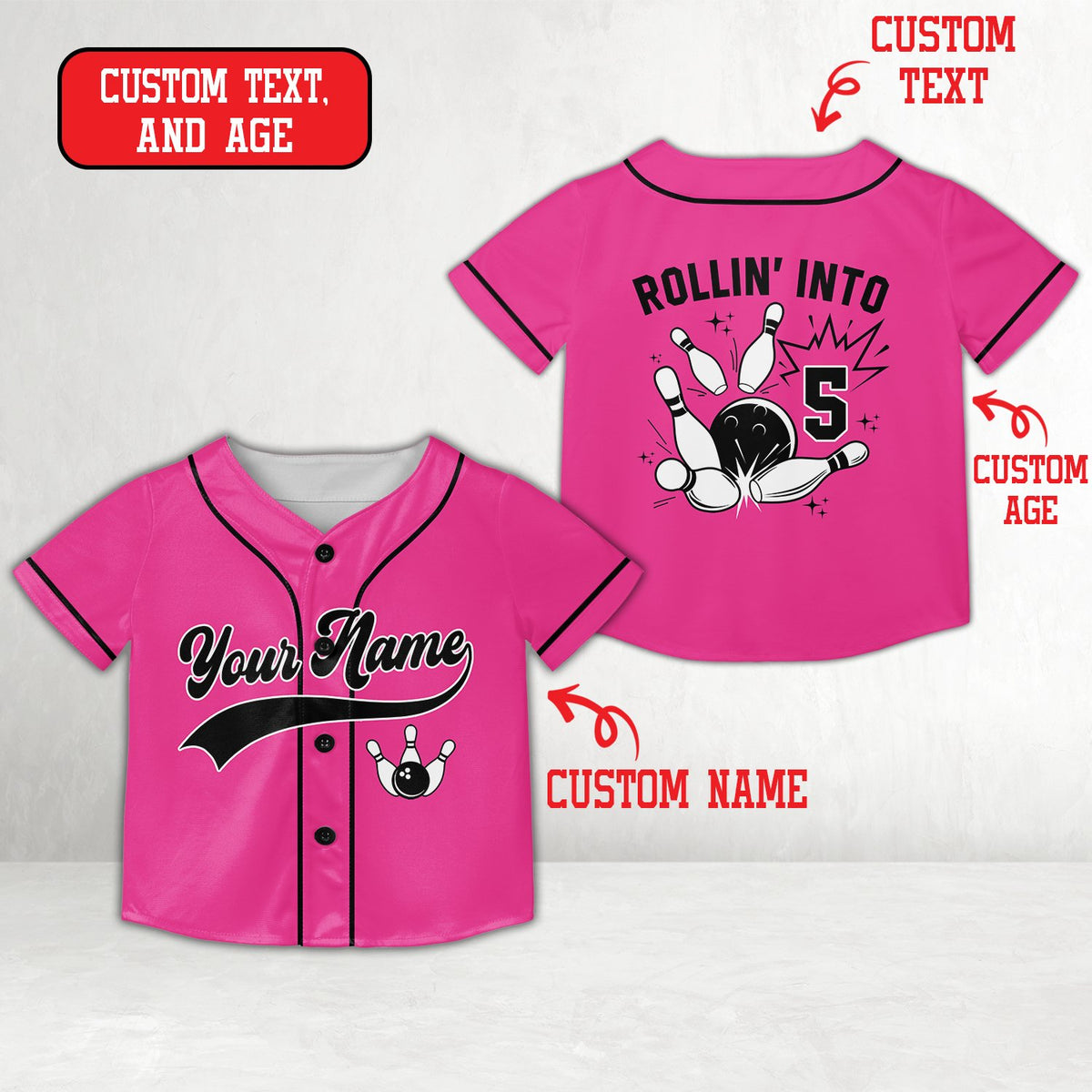 Pink bowling birthday baseball jersey with custom name, front view