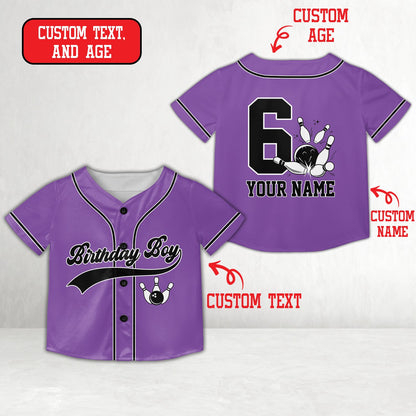 Purple personalized bowling birthday baseball jersey with custom name and number