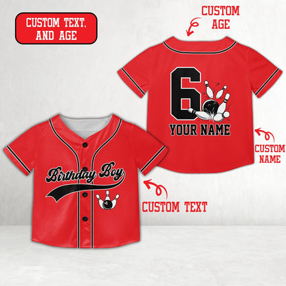 Red personalized bowling birthday baseball jersey with custom name and number