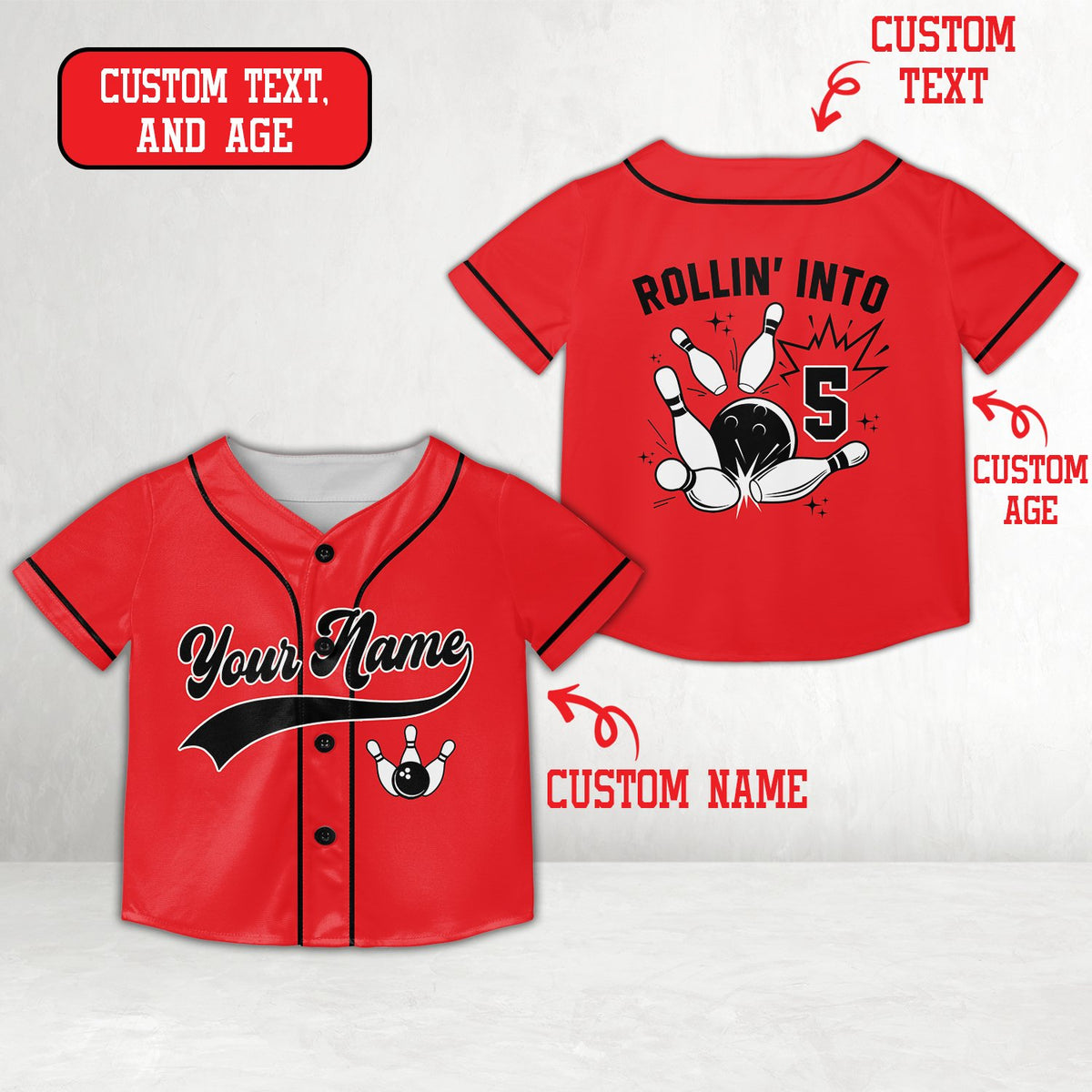 Red personalized baseball jersey featuring bowling pins, front view