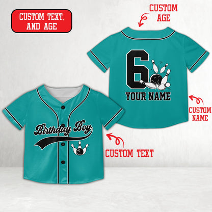 Teal personalized bowling birthday baseball jersey with custom name and number