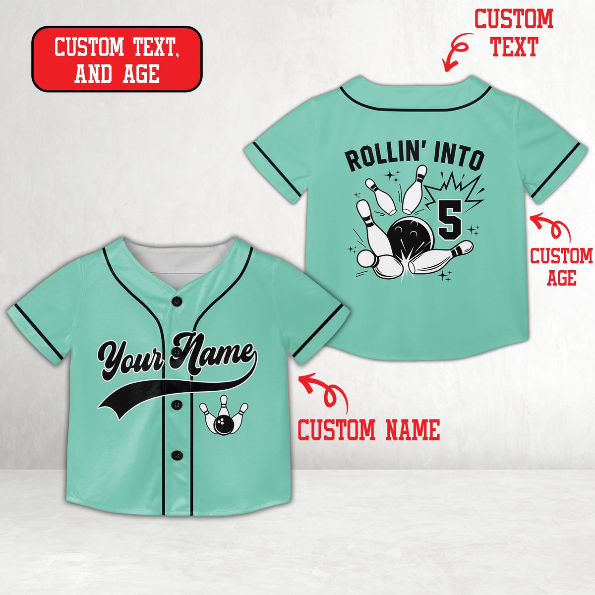 Teal personalized baseball jersey for a bowling birthday, front view