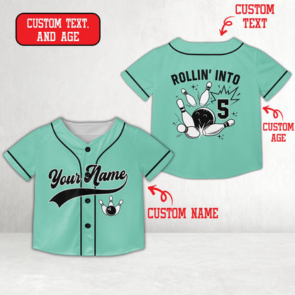 Teal personalized baseball jersey for a bowling birthday, front view