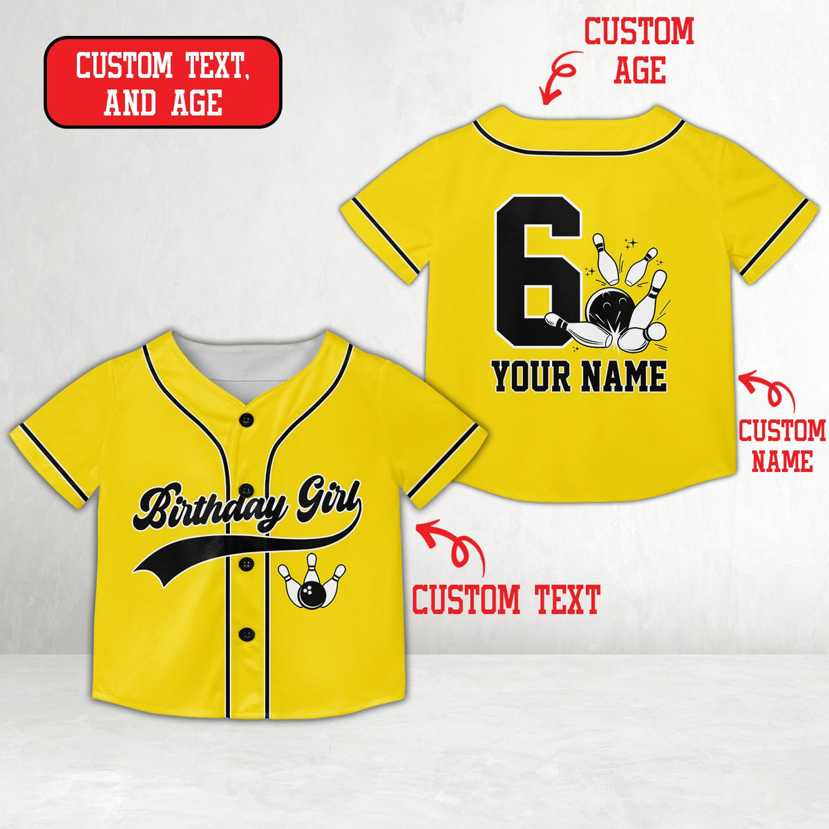 Yellow custom baseball jersey featuring bowling birthday design