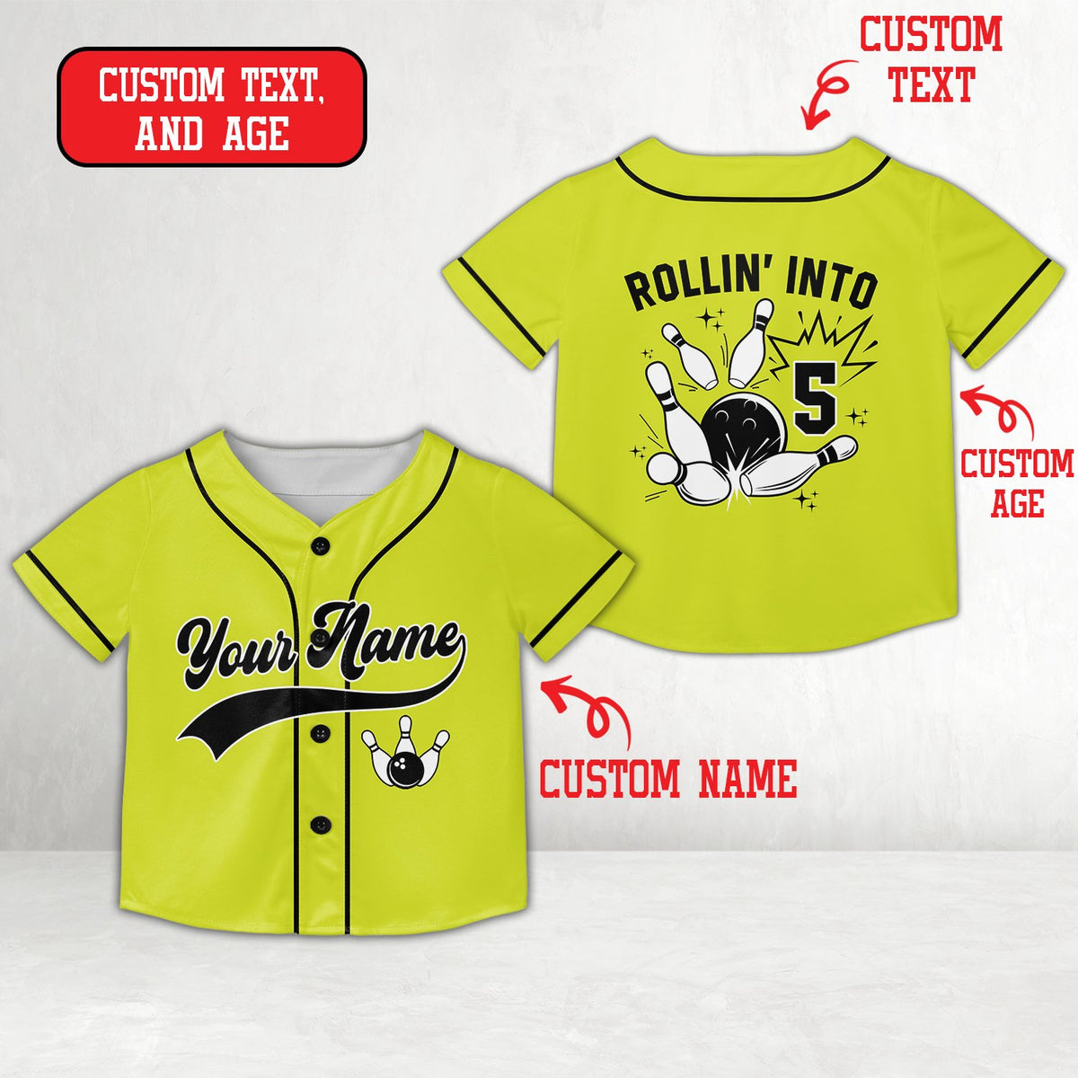 Yellow custom baseball jersey with front bowling design
