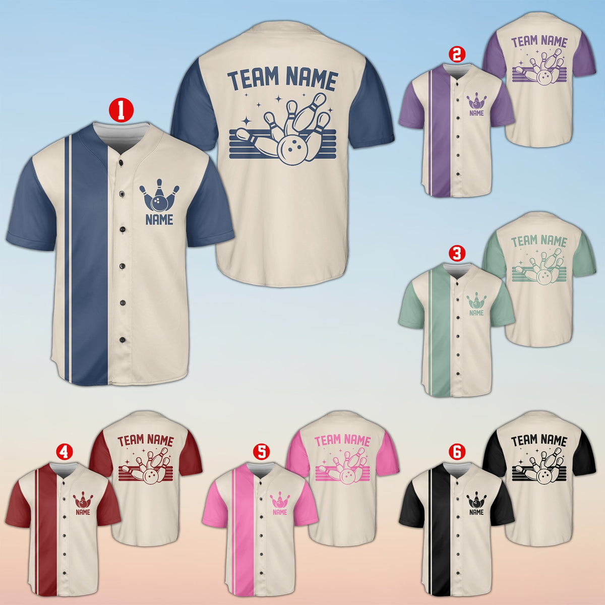 Multicolor bowling baseball jersey with custom name, front view