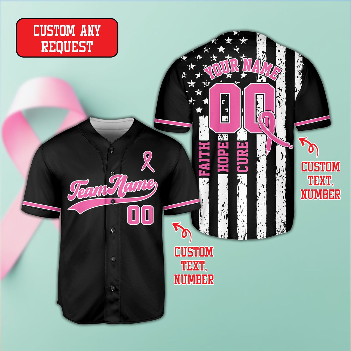 Main view of the personalized breast cancer awareness baseball jersey in black with pink ribbon