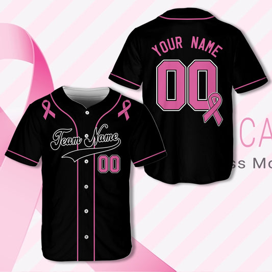 Personalized cancer baseball jersey featuring a black base, pink piping, breast cancer awareness ribbons, and custom name and number, main view