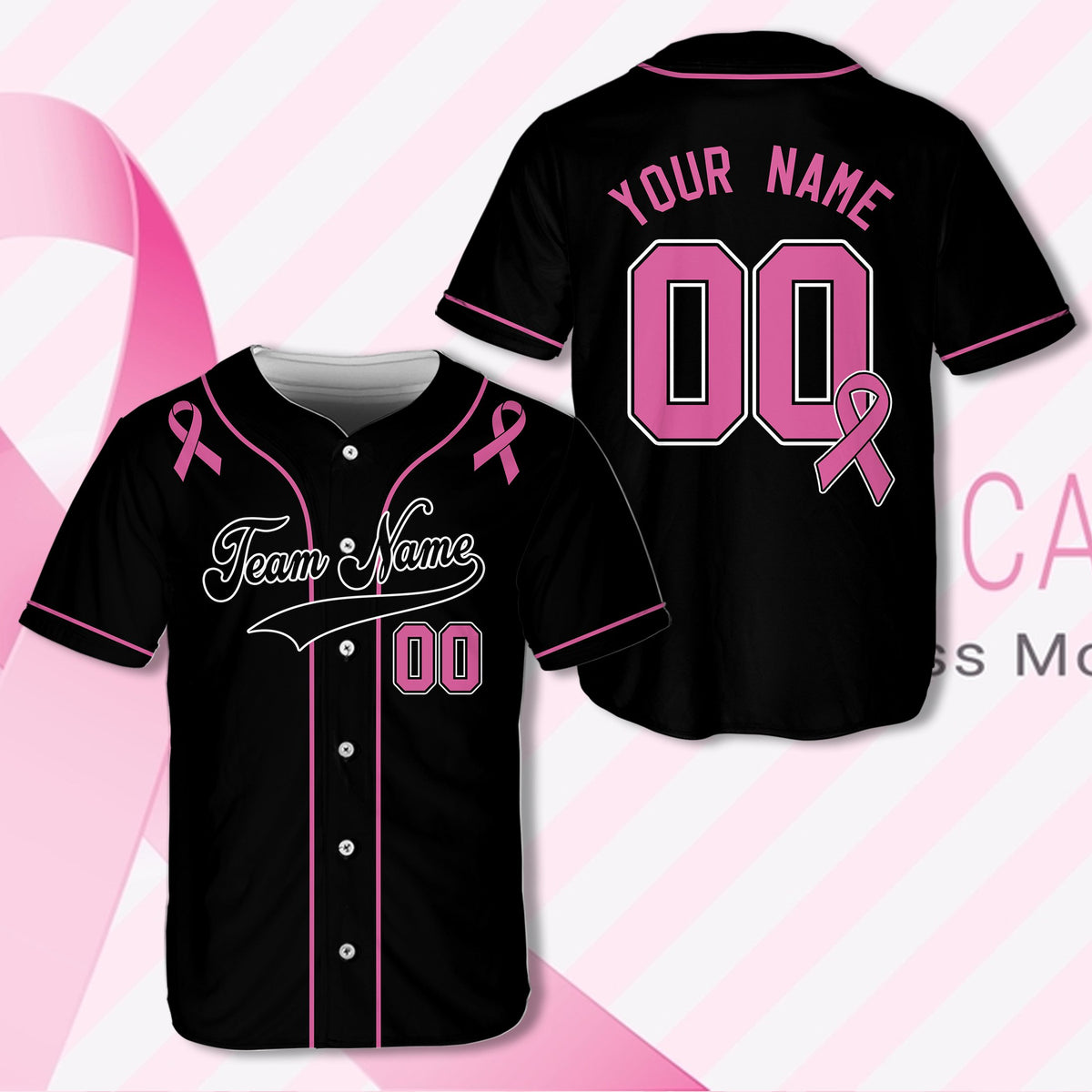 Front view of custom breast cancer awareness baseball jersey with pink piping and ribbons on a solid black background