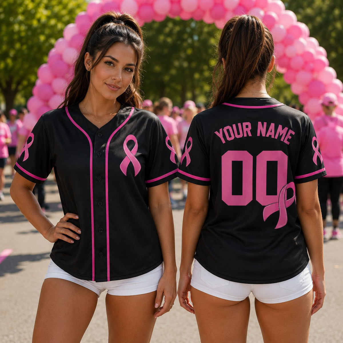 Black breast cancer awareness baseball jersey with pink ribbon and custom name, front view