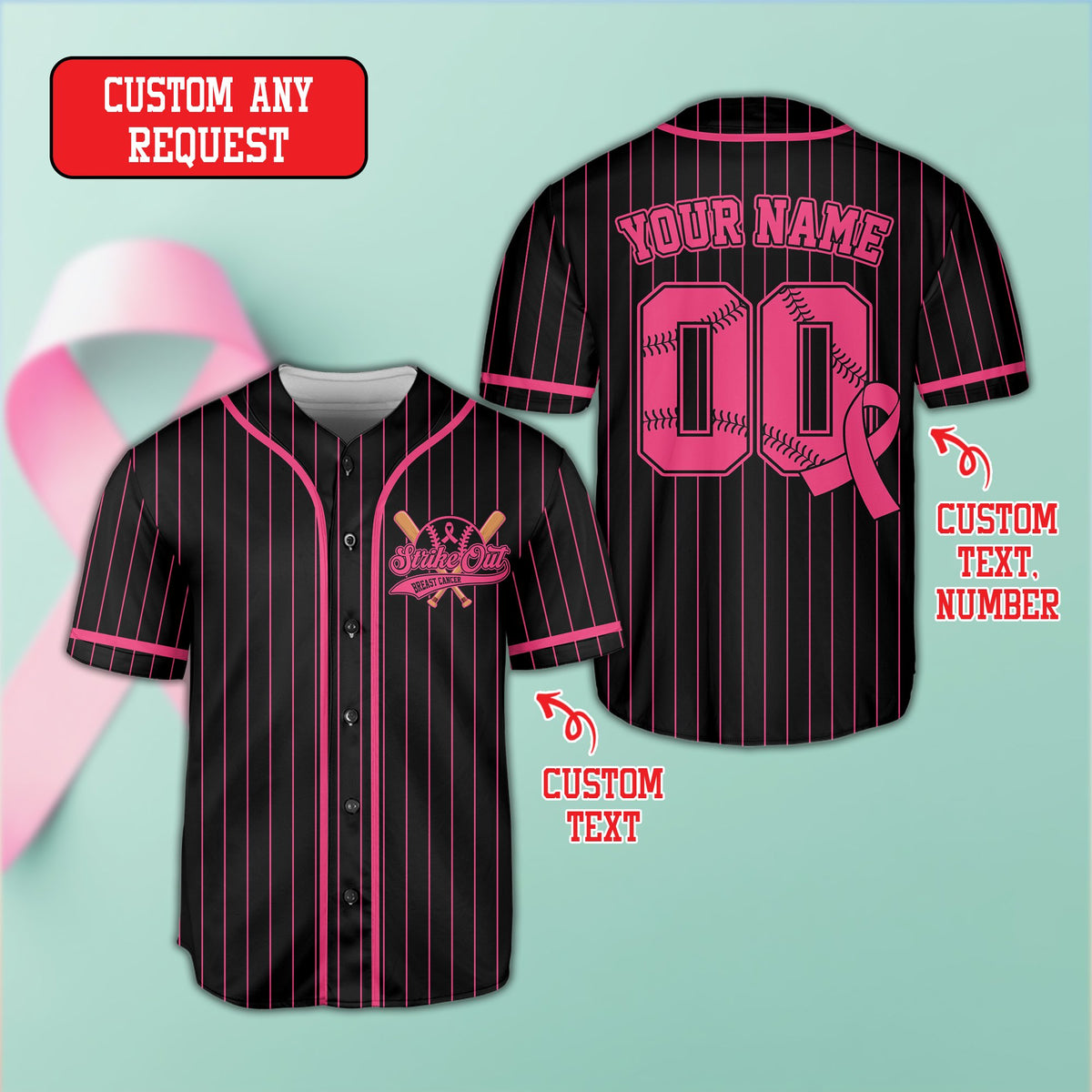 Front view of the personalized baseball jersey in black with breast cancer awareness design