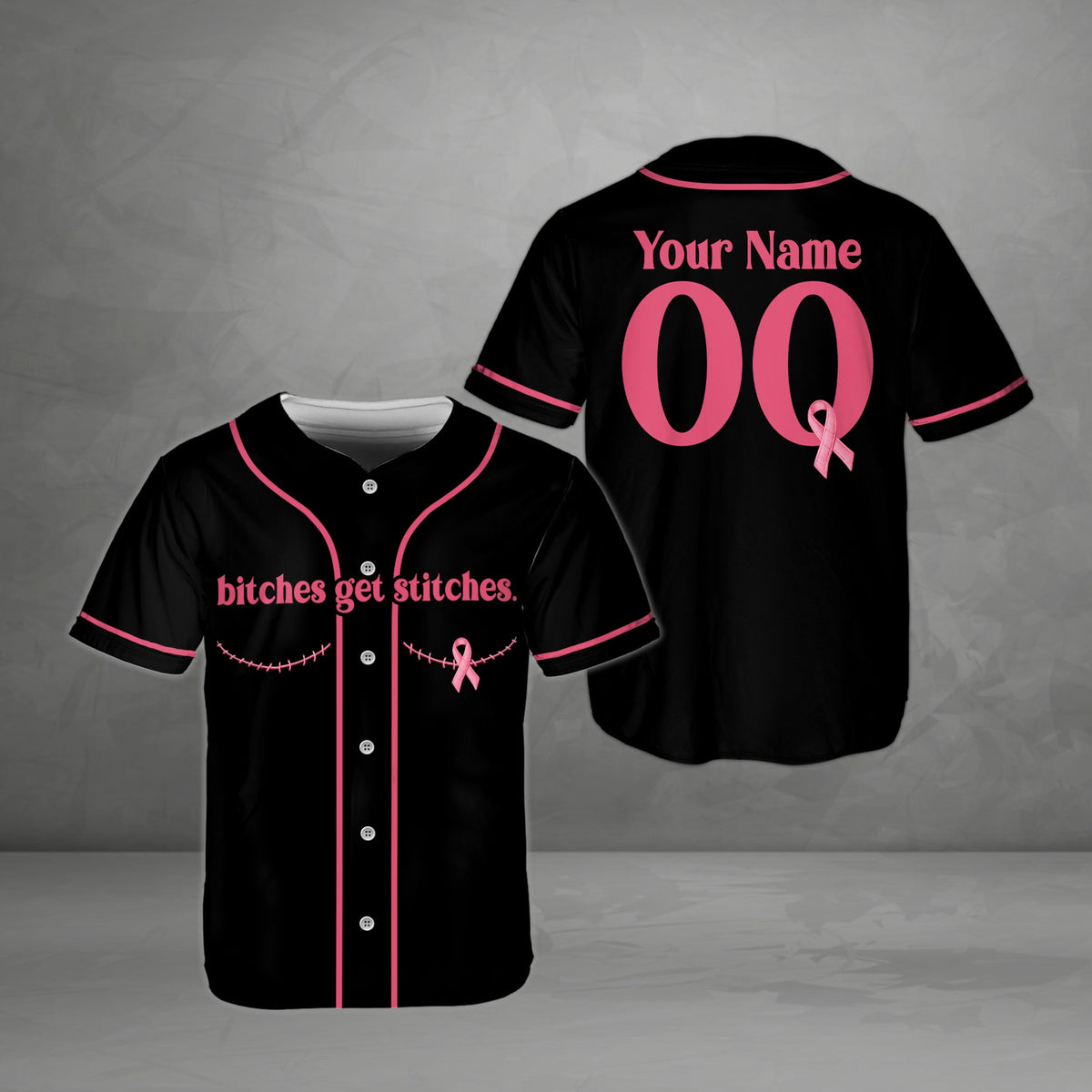 Black custom baseball jersey with breast cancer awareness graphics, front view