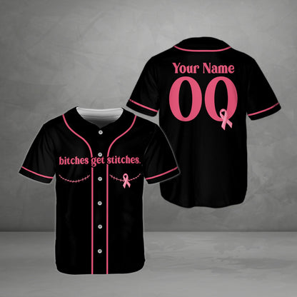 Black custom baseball jersey with breast cancer awareness graphics, front view