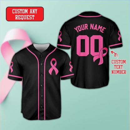 Black personalized baseball jersey for breast cancer awareness, front view