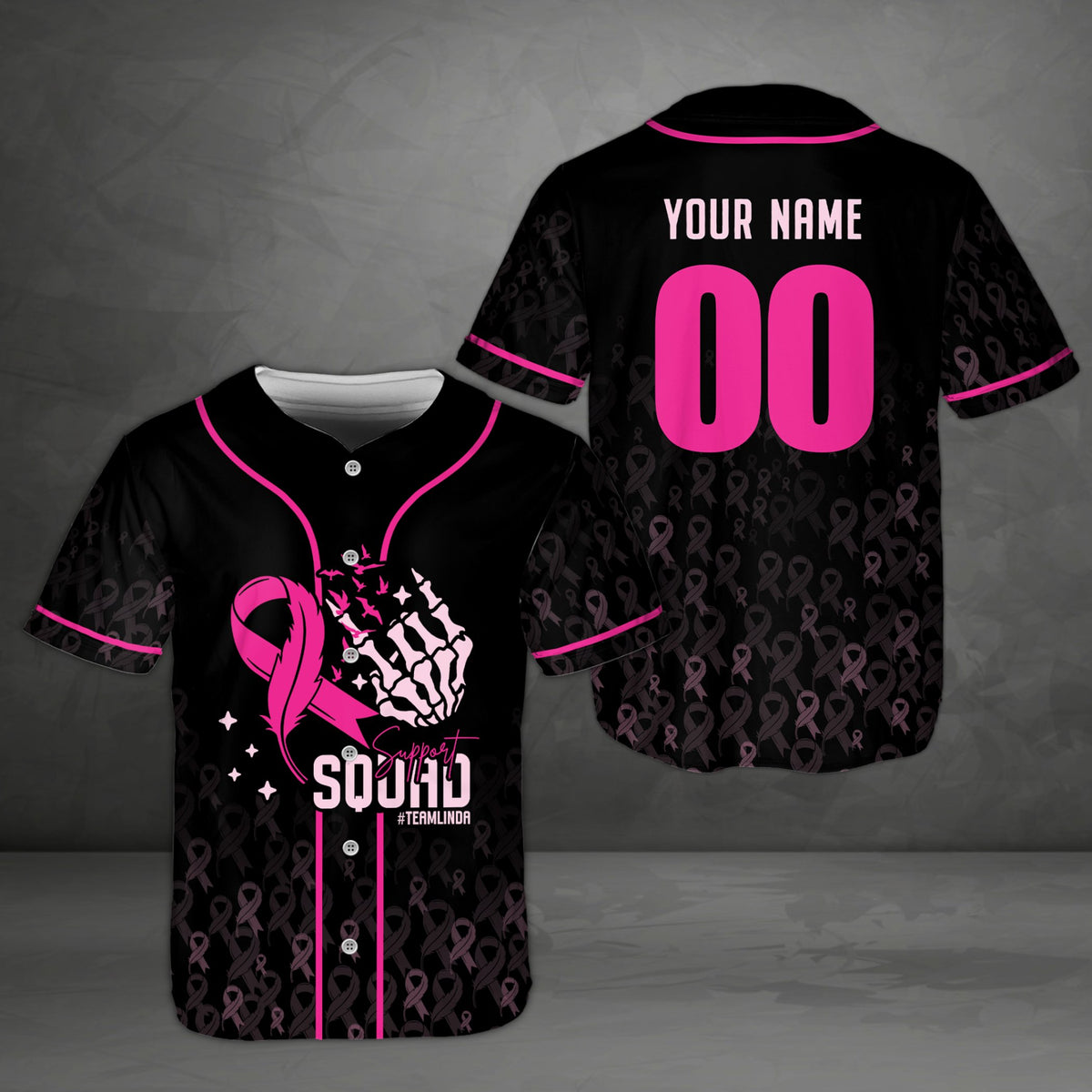 Front view of the black variation of the personalized breast cancer awareness baseball jersey