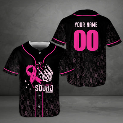 Front view of the black variation of the personalized breast cancer awareness baseball jersey
